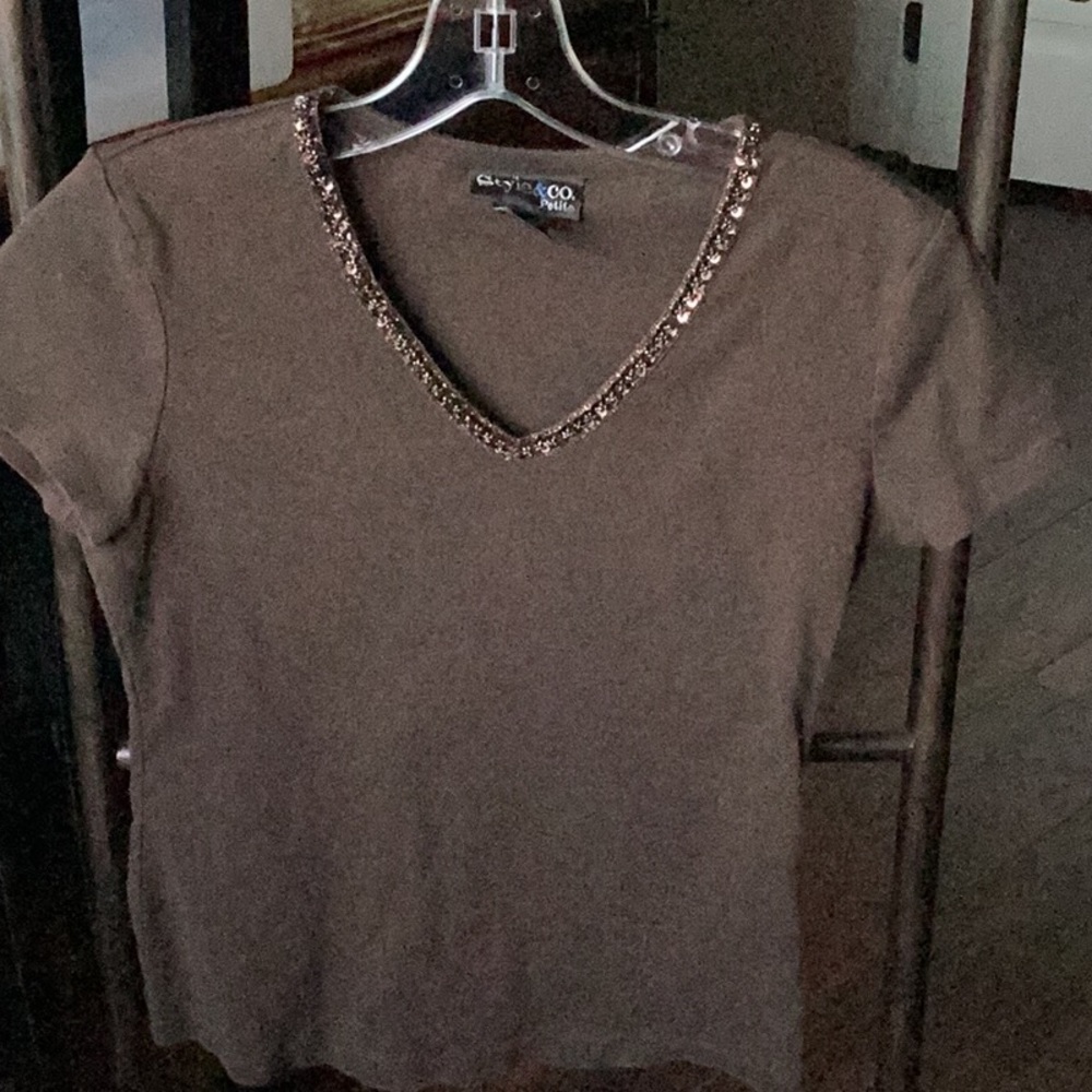 Chocolate brown top with beaded v neck , style and co.
